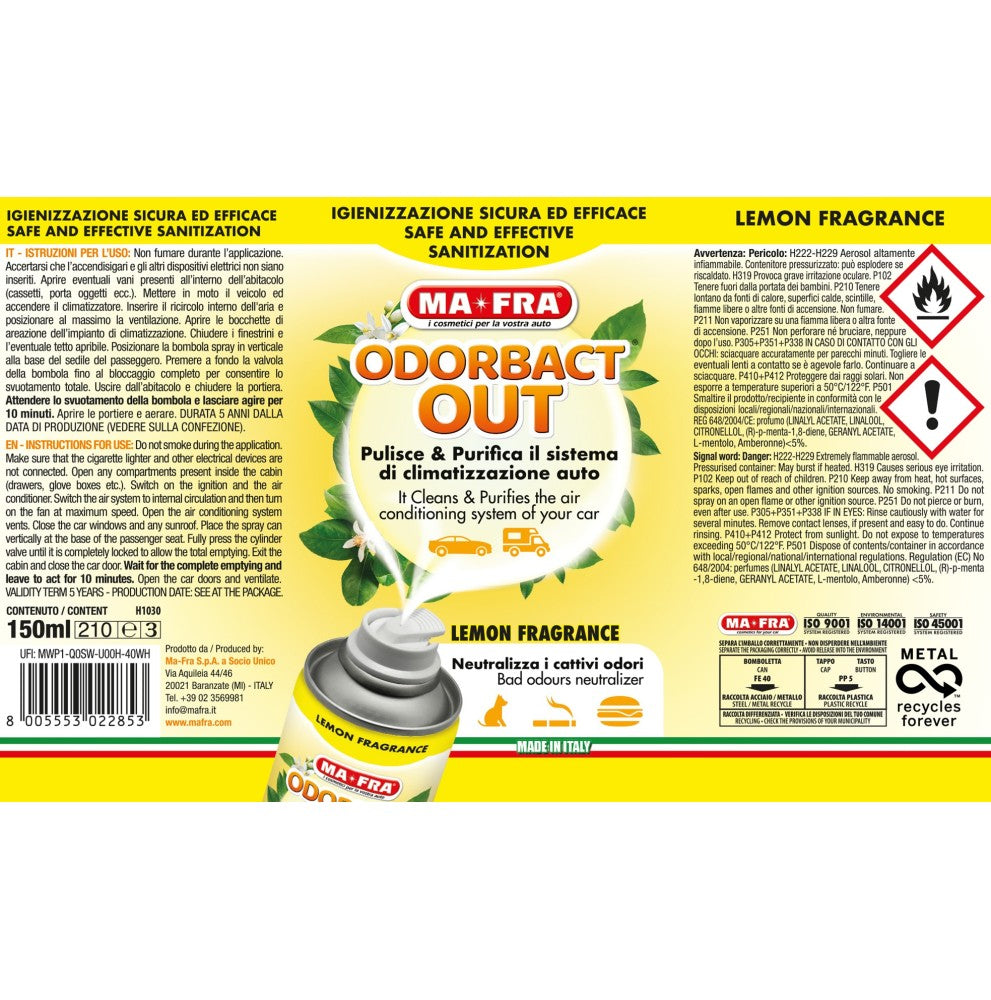 MA-FRA Odorbact Out Lemon Spray Purifies Car Interior from Bad Odours