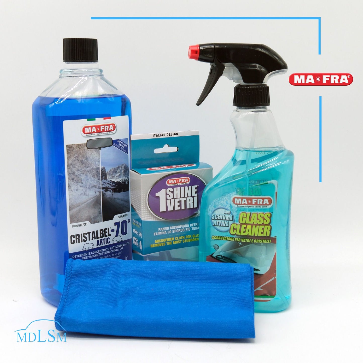 MAFRA KIT COMPLETO PER LA PULIZIA VETRI AUTO - GLASS CLEANER + 1SHINE + CRISTAL ARTIC