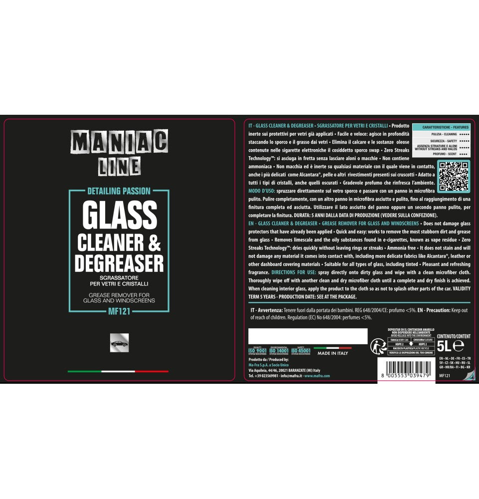 MAFRA MANIAC LINE GLASS CLEANER & DEGREASER SGRASSA E ELIMA CALCARE "MF121"