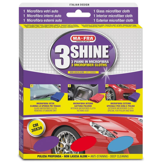 MA-FRA 3Shine set 3 panni microfibra interni esterni vetri auto moto